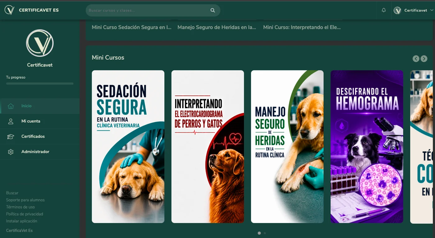 Área de alumnos de CertificaVet con los minicursos de Sedación Segura y Manejo Seguro de Heridas