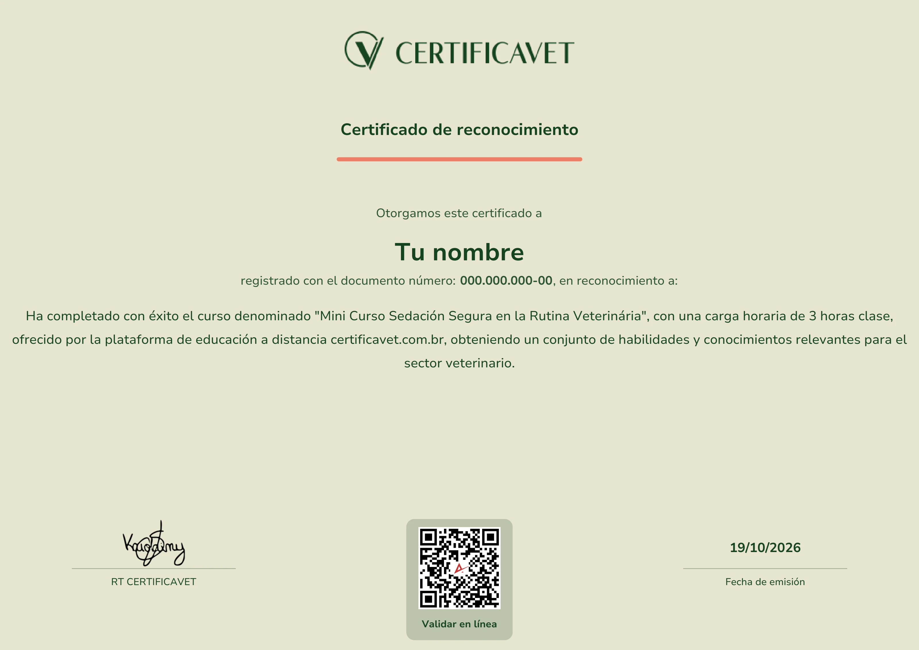Muestra del certificado de reconocimiento emitido por CertificaVet